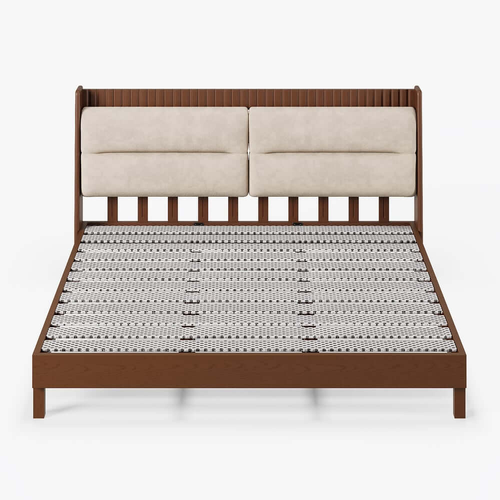 Modern Platform Bed With Boucle Headboard, Walnut Finish
