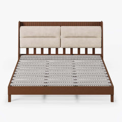 Modern Platform Bed With Boucle Headboard, Walnut Finish