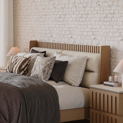 Modern Platform Bed With Boucle Headboard, Walnut Finish