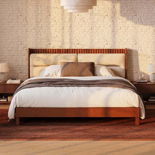 Modern Platform Bed With Boucle Headboard, Walnut Finish