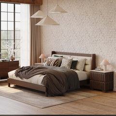 Modern Platform Bed With Boucle Headboard, Walnut Finish
