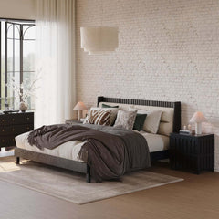 Modern Platform Bed With Boucle Headboard, Walnut Finish