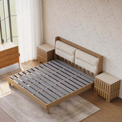 Modern Platform Bed With Boucle Headboard, Walnut Finish