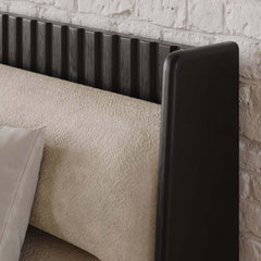 Modern Platform Bed With Boucle Headboard, Walnut Finish