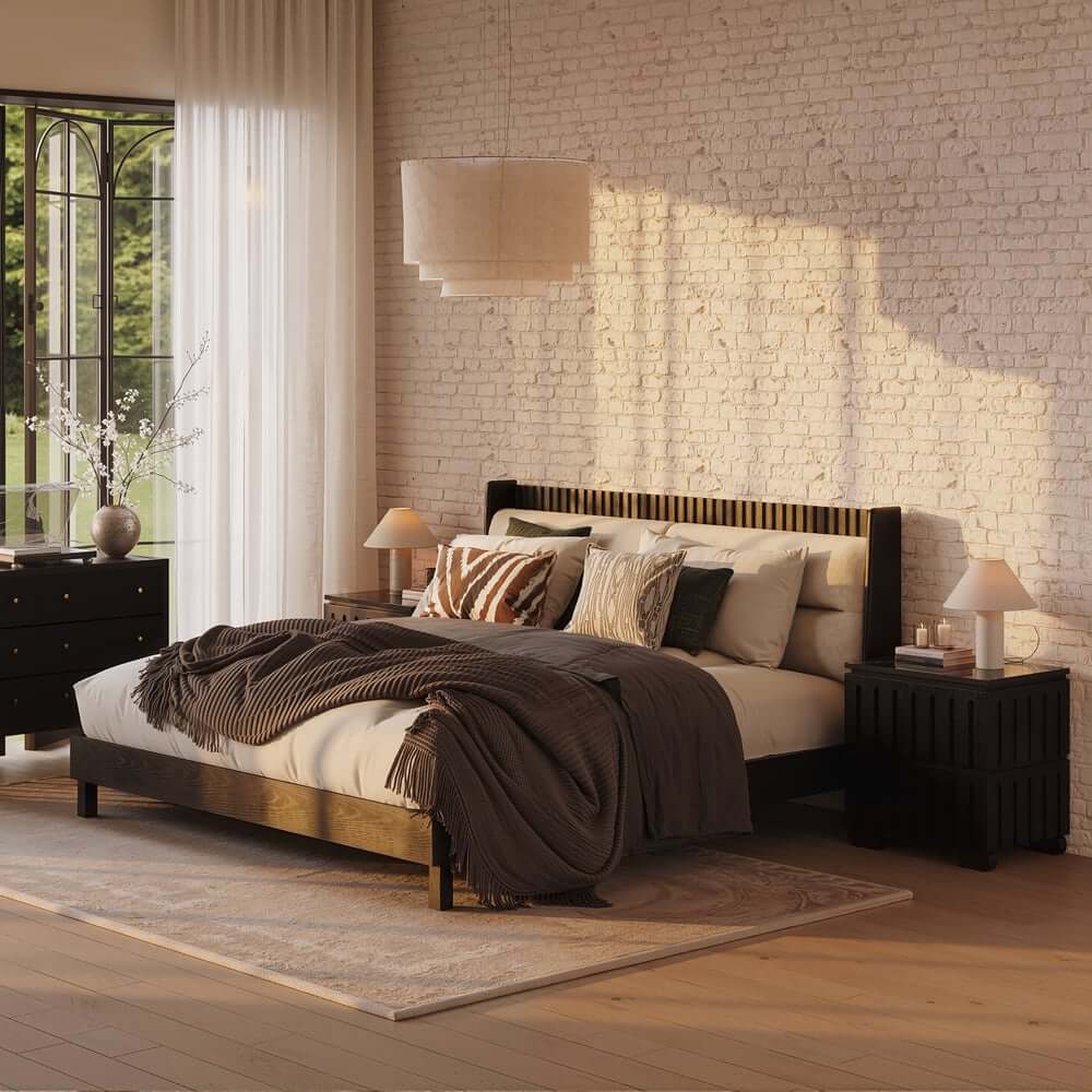 Modern Platform Bed With Boucle Headboard, Walnut Finish
