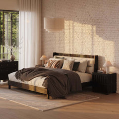 Modern Platform Bed With Boucle Headboard, Walnut Finish