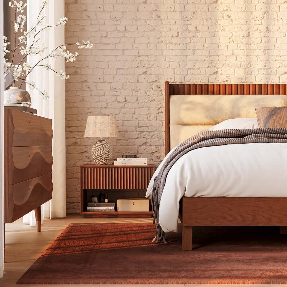 Modern Platform Bed With Boucle Headboard, Walnut Finish