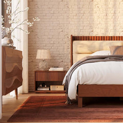 Modern Platform Bed With Boucle Headboard, Walnut Finish