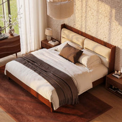 Modern Platform Bed With Boucle Headboard, Walnut Finish