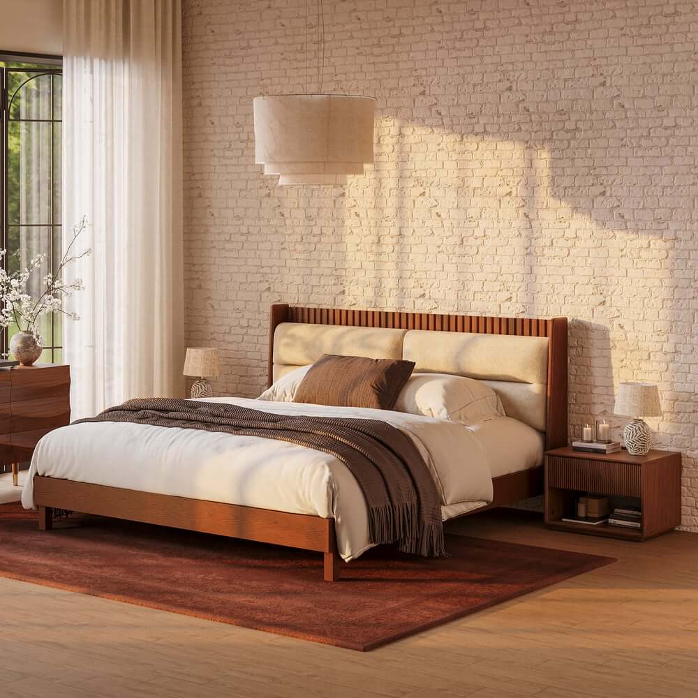 Modern Platform Bed With Boucle Headboard, Walnut Finish
