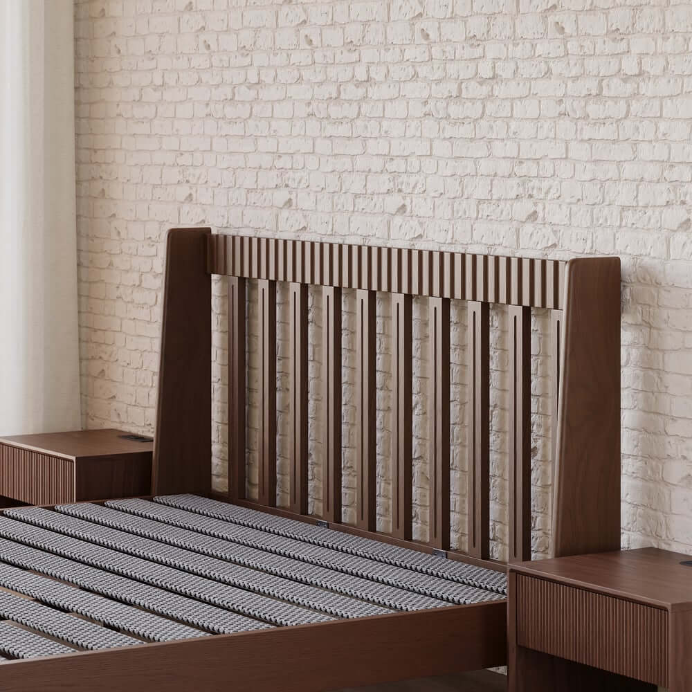 Modern Platform Bed With Boucle Headboard, Walnut Finish