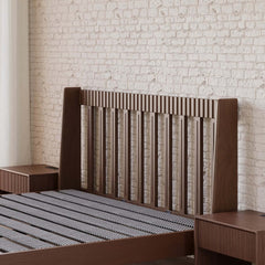 Modern Platform Bed With Boucle Headboard, Walnut Finish