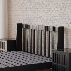 Modern Platform Bed With Boucle Headboard, Walnut Finish