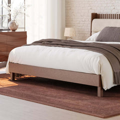 Modern Platform Bed With Boucle Headboard, Walnut Finish