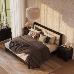 Modern Platform Bed With Boucle Headboard, Walnut Finish