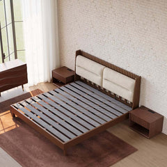 Modern Platform Bed With Boucle Headboard, Walnut Finish