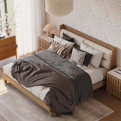 Modern Platform Bed With Boucle Headboard, Walnut Finish