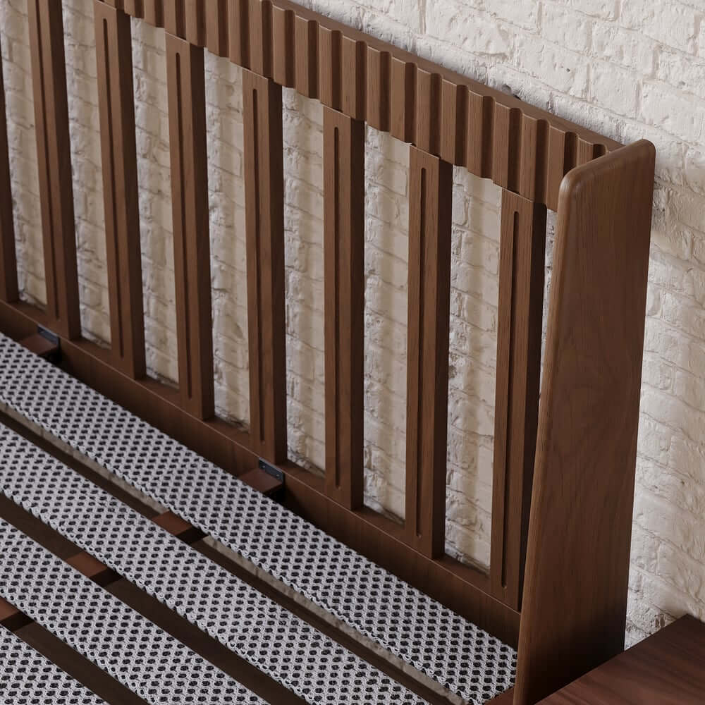 Modern Platform Bed With Boucle Headboard, Walnut Finish