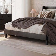 Modern Platform Bed With Boucle Headboard, Walnut Finish