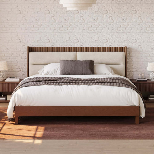 Modern Platform Bed With Boucle Headboard, Walnut Finish Main Product Image