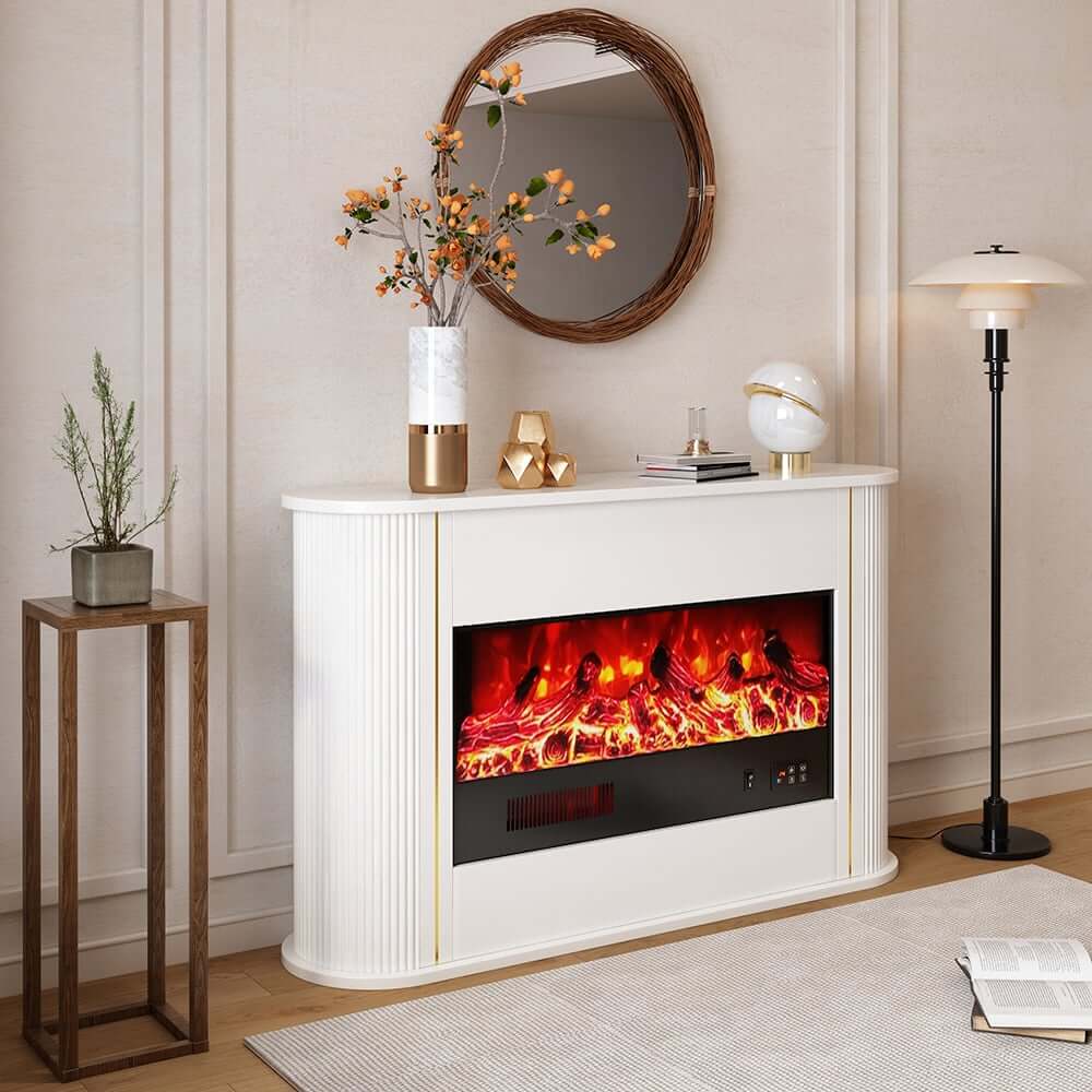 Modern Plywood Freestanding Electric Fireplace White