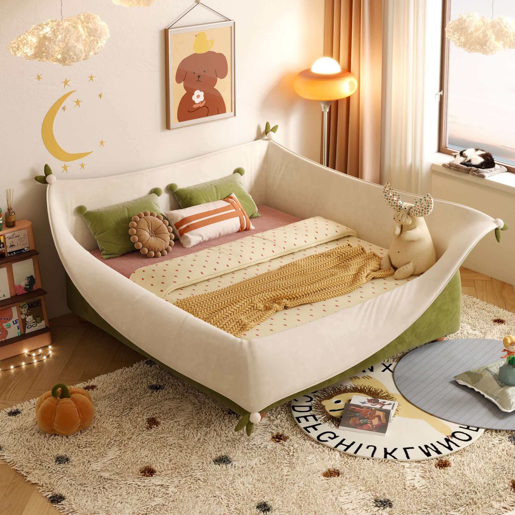 Modern Pocket-Shape Kids Bed with Solid Wood Frame and Dual-Tone Velvet Upholstery Main Product Image