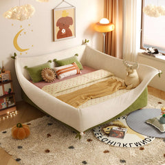 Modern Pocket-Shape Kids Bed with Solid Wood Frame and Dual-Tone Velvet Upholstery Main Product Image