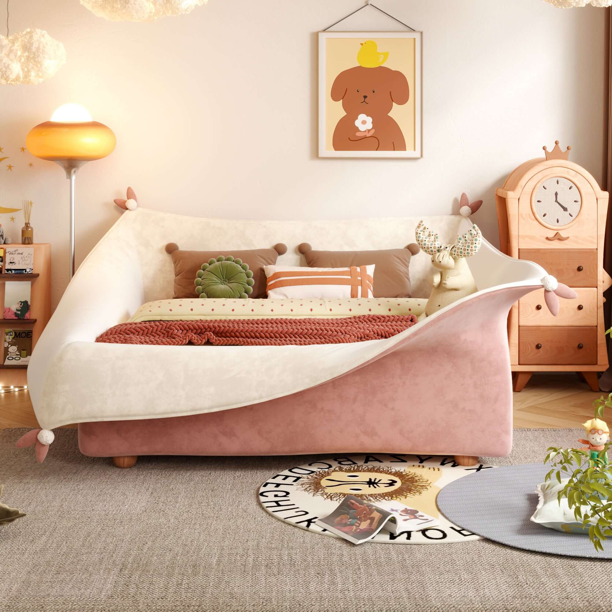 Modern Pocket-Shape Kids Bed with Solid Wood Frame and Dual-Tone Velvet Upholstery