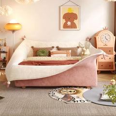 Modern Pocket-Shape Kids Bed with Solid Wood Frame and Dual-Tone Velvet Upholstery