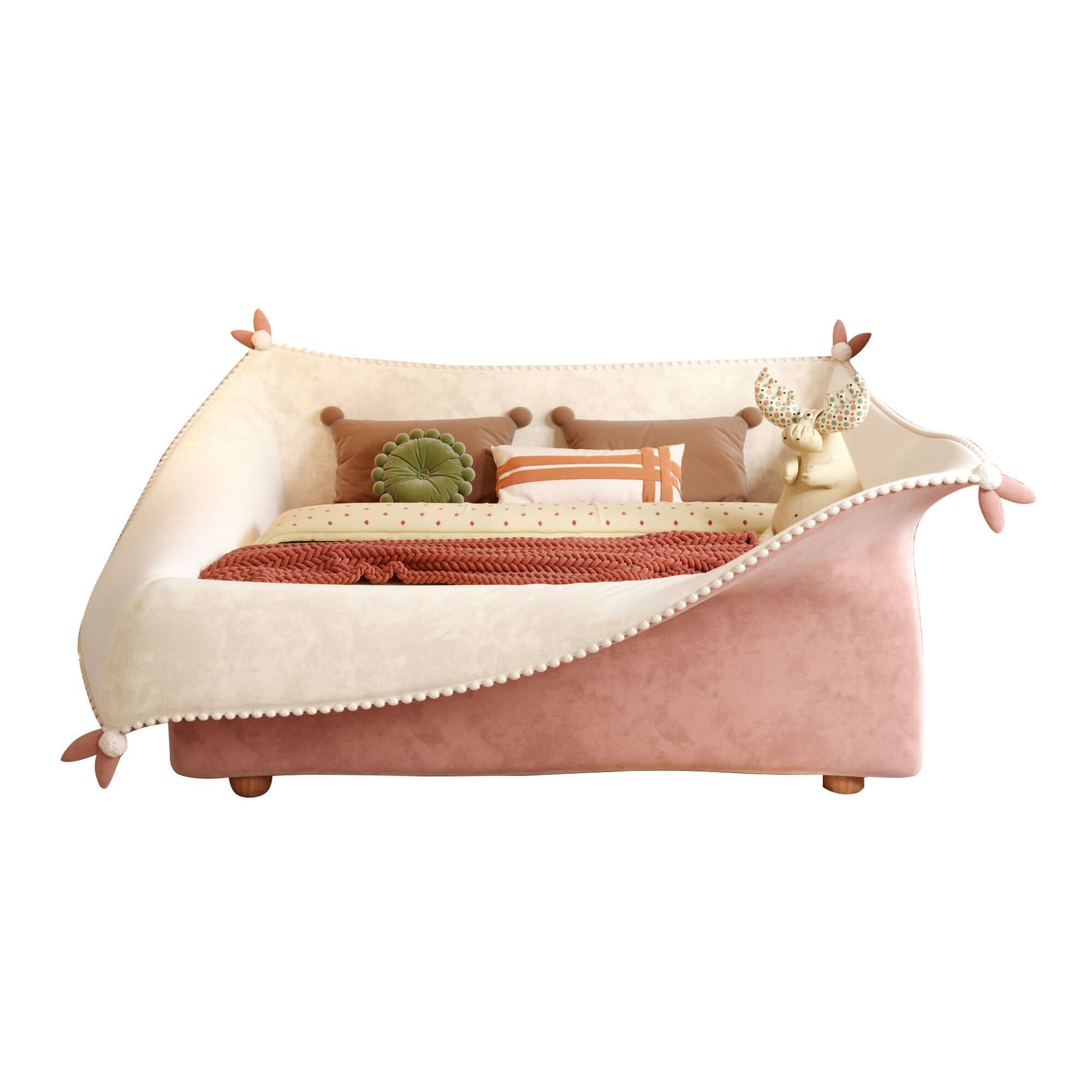 Modern Pocket-Shape Kids Bed with Solid Wood Frame and Dual-Tone Velvet Upholstery