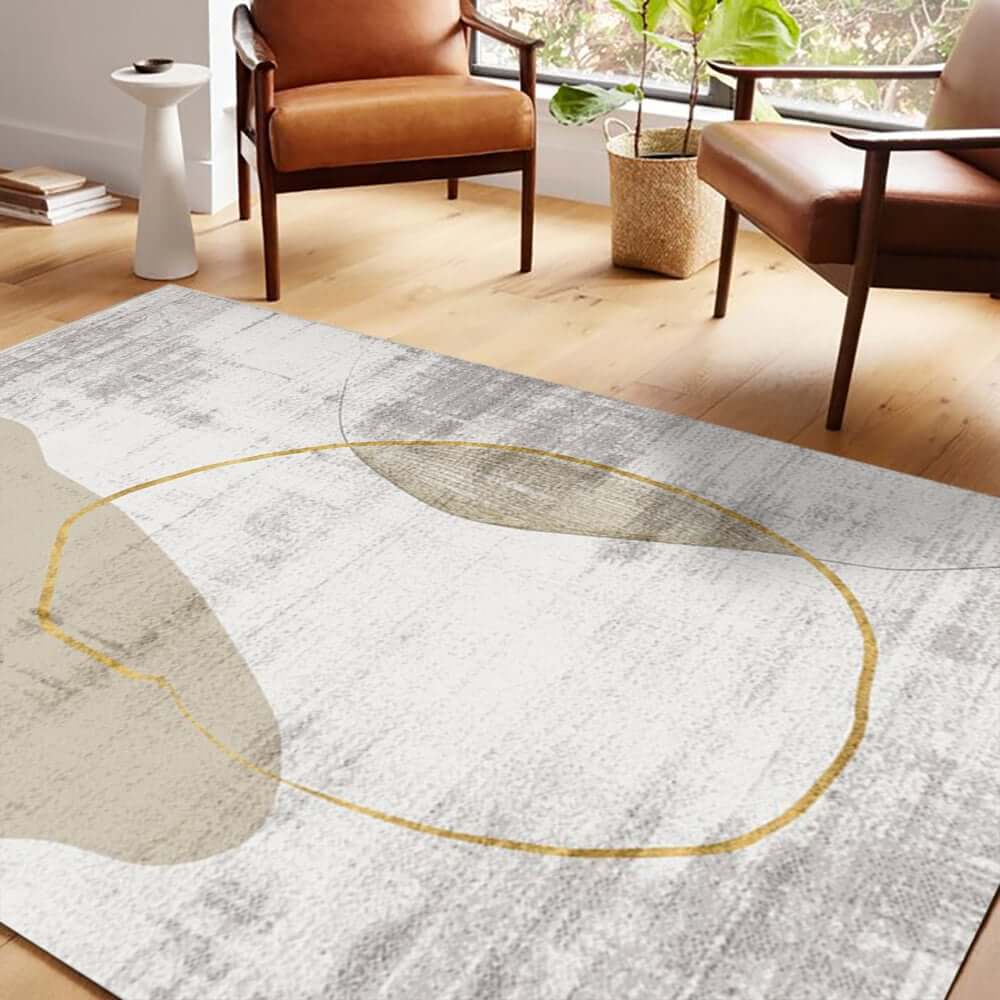 Modern Polyester Area Rugs in Beige and Gold with Geometric Art