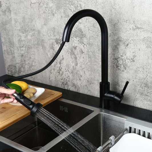Modern Pullout Spray Kitchen Faucet in Matte Black Brass Main Product Image