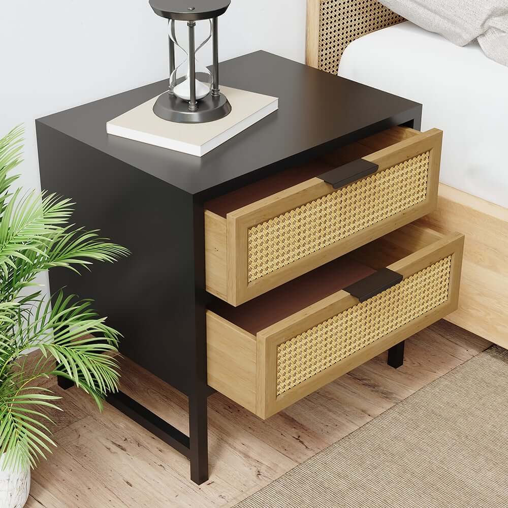 Modern Rattan Nightstand With Metal Frame And 2 Drawers