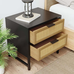 Modern Rattan Nightstand With Metal Frame And 2 Drawers