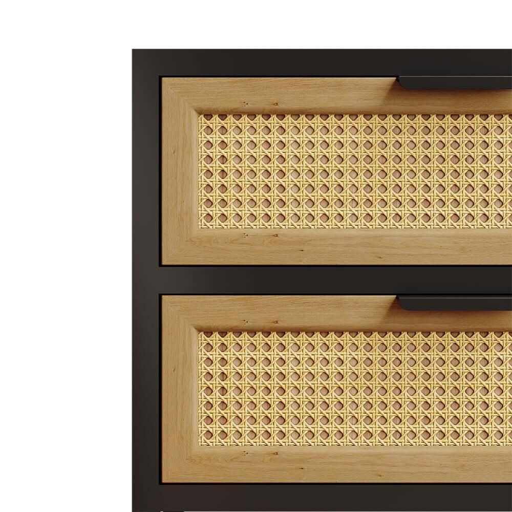 Modern Rattan Nightstand With Metal Frame And 2 Drawers