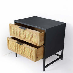 Modern Rattan Nightstand With Metal Frame And 2 Drawers