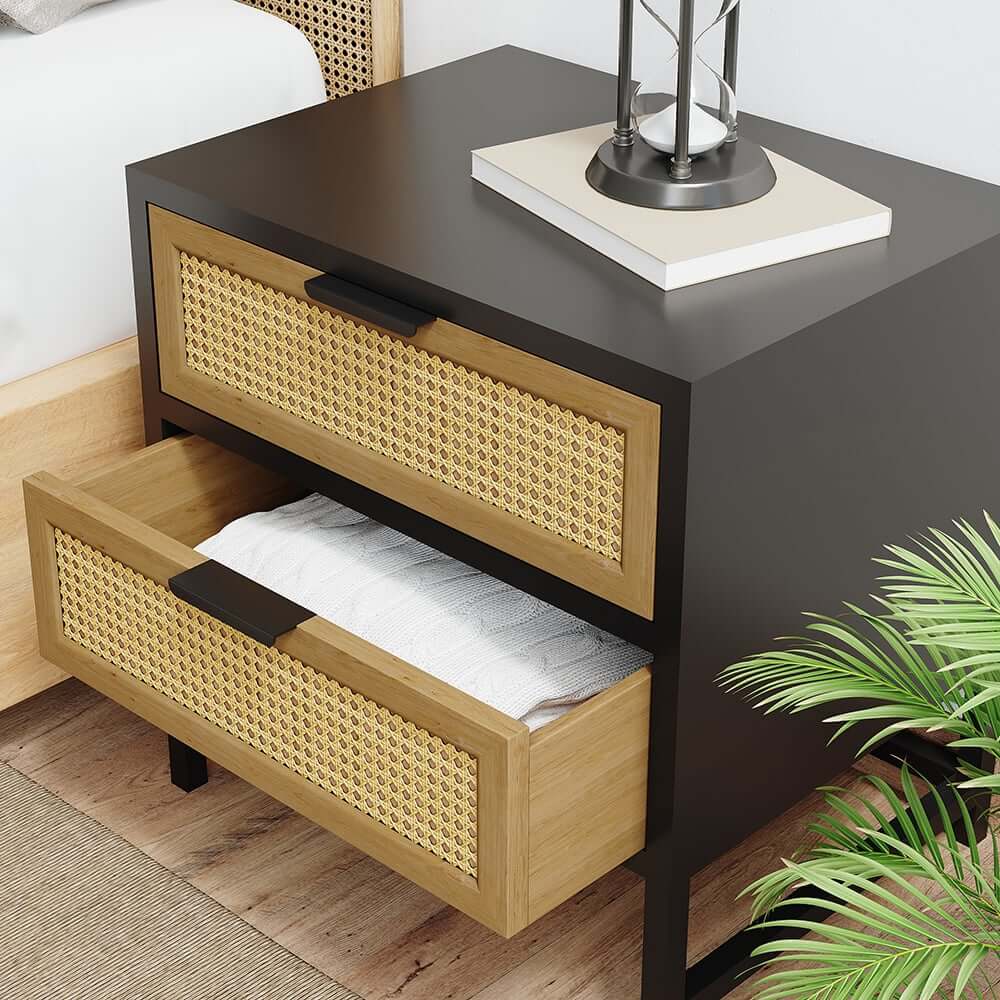 Modern Rattan Nightstand With Metal Frame And 2 Drawers
