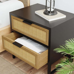 Modern Rattan Nightstand With Metal Frame And 2 Drawers