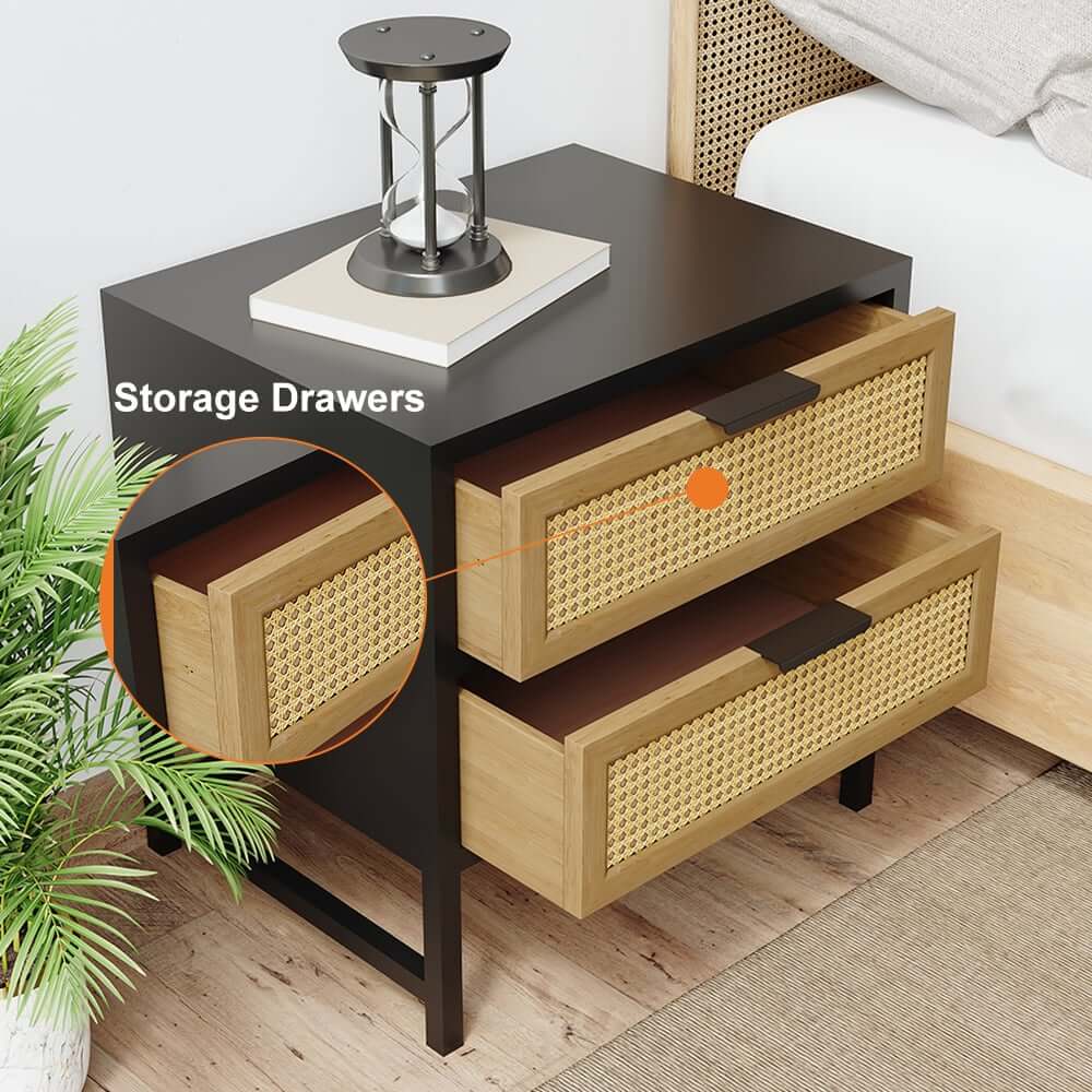 Modern Rattan Nightstand With Metal Frame And 2 Drawers