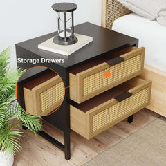 Modern Rattan Nightstand With Metal Frame And 2 Drawers