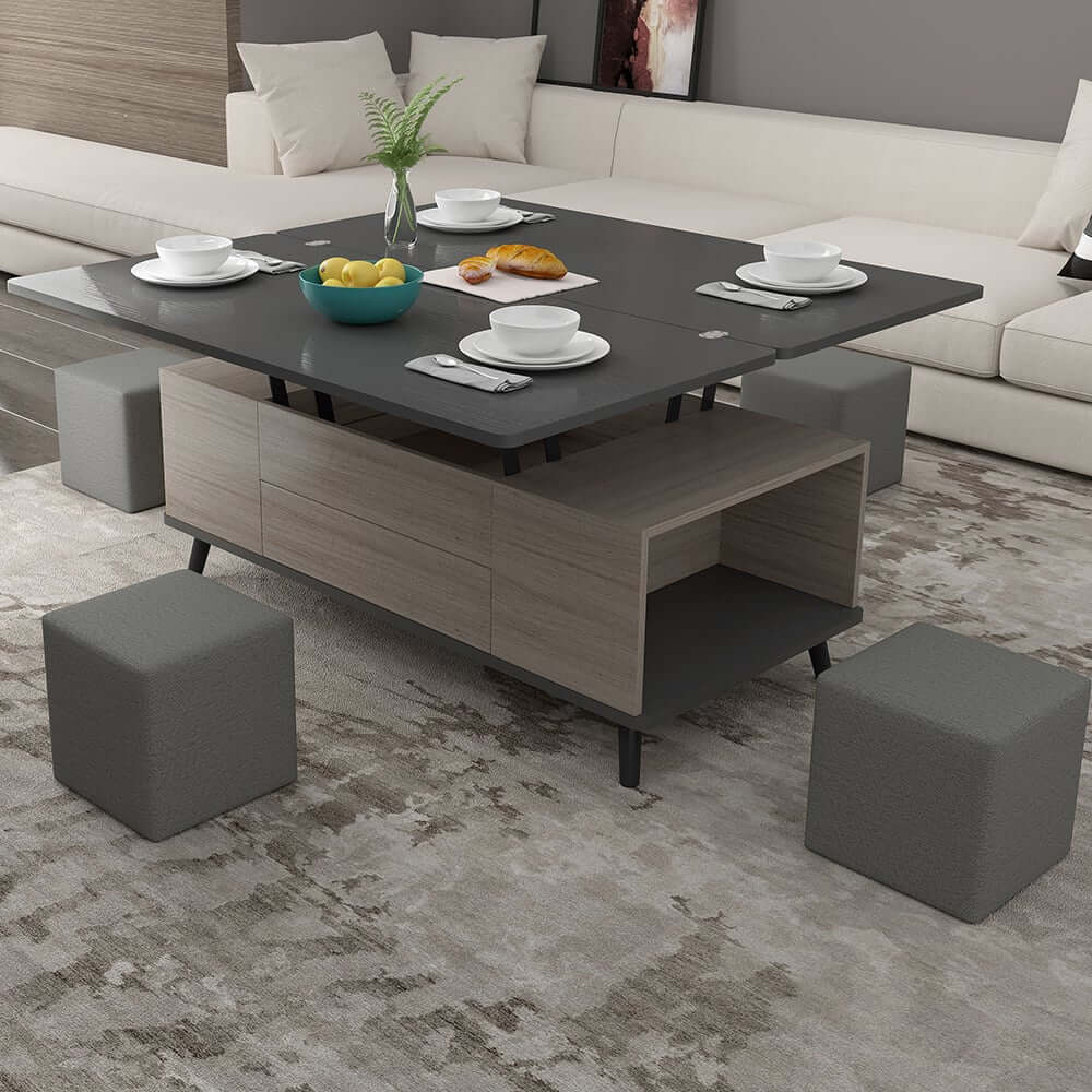 Modern Rectangular Coffee Table With Lift-Top And Stools
