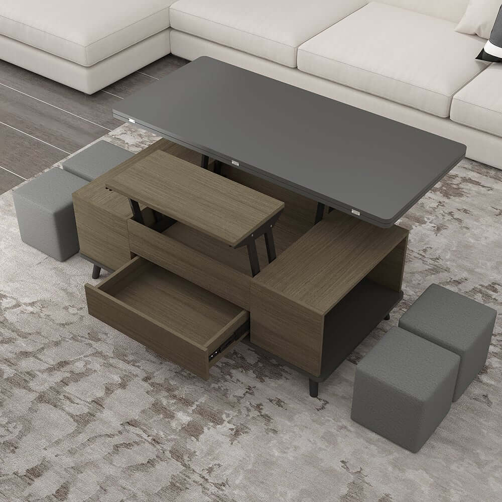 Modern Rectangular Coffee Table With Lift-Top And Stools