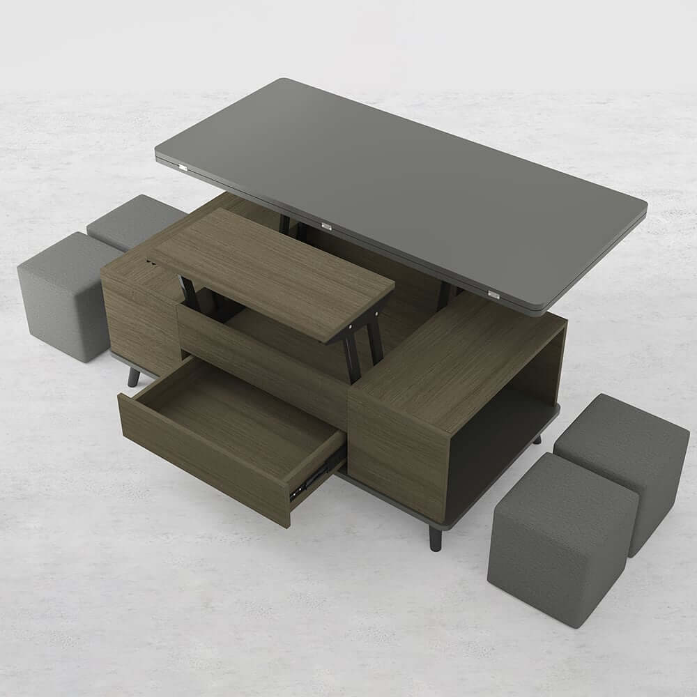 Modern Rectangular Coffee Table With Lift-Top And Stools