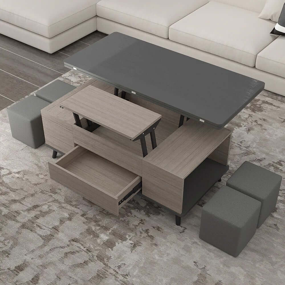 Modern Rectangular Coffee Table With Lift-Top And Stools