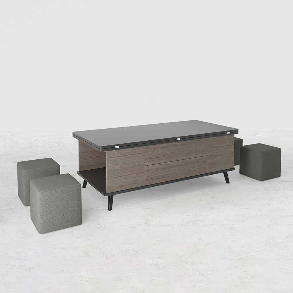 Modern Rectangular Coffee Table With Lift-Top And Stools
