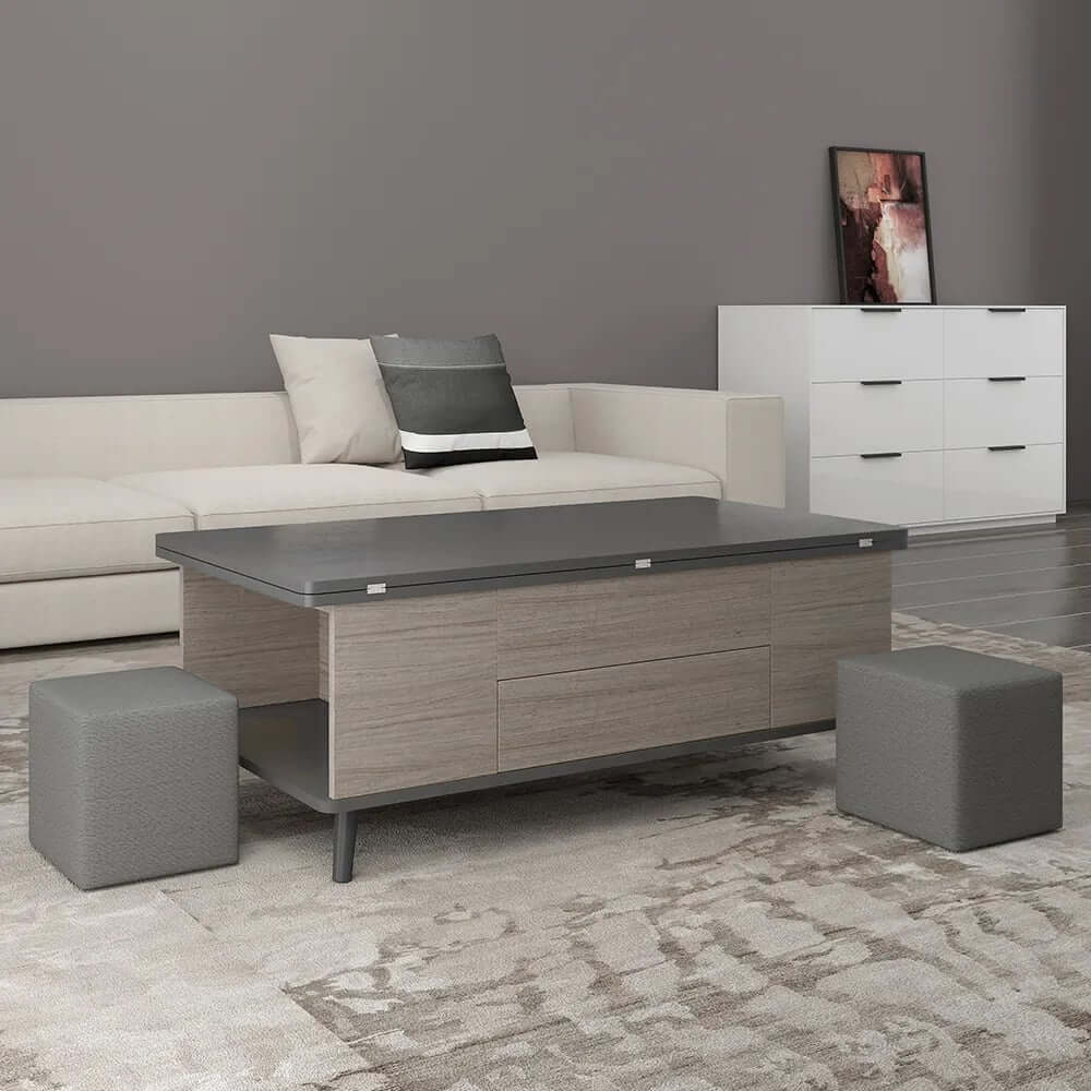 Modern Rectangular Coffee Table With Lift-Top And Stools