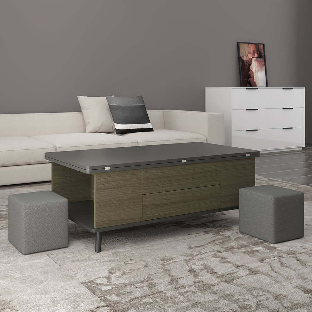 Modern Rectangular Coffee Table With Lift-Top And Stools
