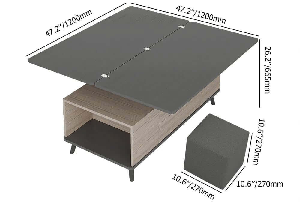 Modern Rectangular Coffee Table With Lift-Top And Stools Dimensions