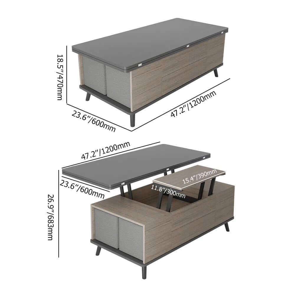 Modern Rectangular Coffee Table With Lift-Top And Stools Dimensions
