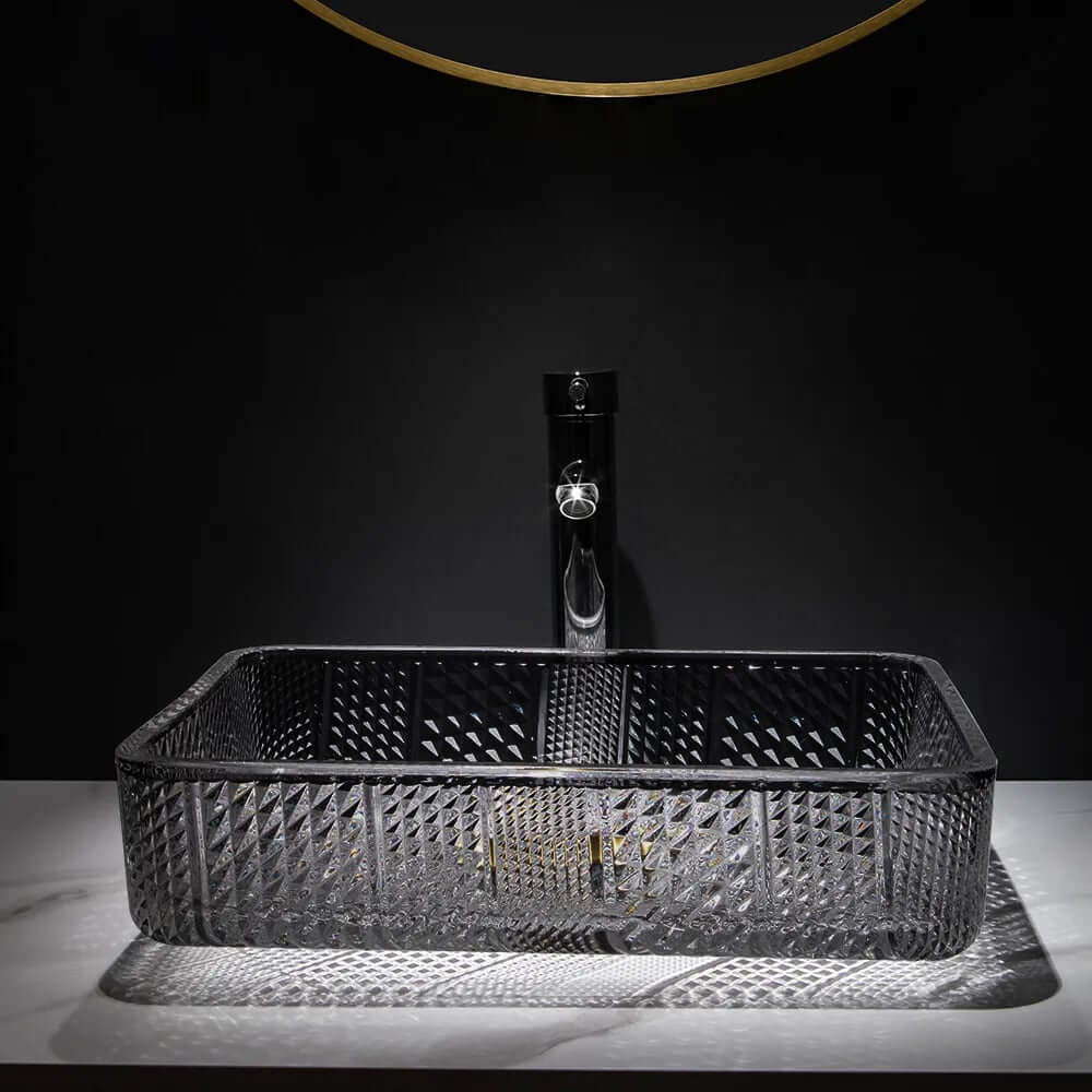 Modern Rectangular Glass Vessel Sink for Bathroom